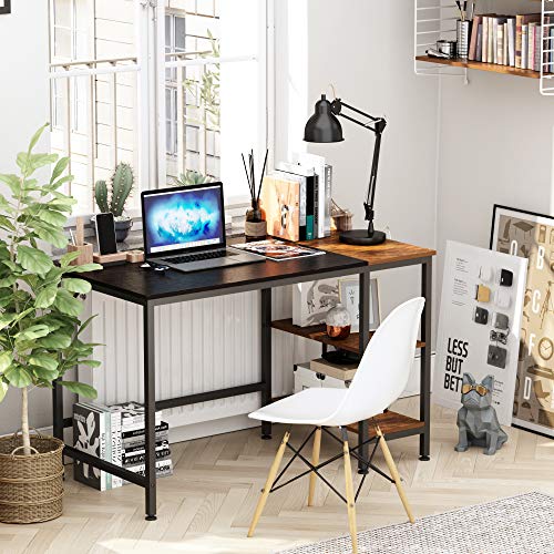 JOISCOPE Study Computer Desk for Home Office,Small Working and Writing Desk with Wooden Storage Shelf,2-Tier Industrial Morden Laptop Table with Splice Board,47 inches(Black Oak Finish)