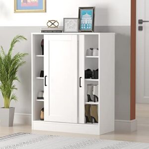 homsee shoe storage cabinet with 2 sliding doors, wooden 4-tier shoe rack organizer for entryway, white (31.5”l x 13.8”w x 40”h)