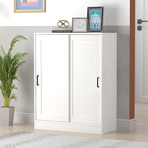 Homsee Shoe Storage Cabinet with 2 Sliding Doors, Wooden 4-Tier Shoe Rack Organizer for Entryway, White (31.5”L x 13.8”W x 40”H)