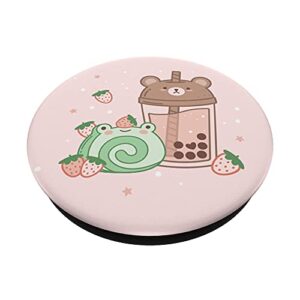 Boba Tea Bear & Strawberry Cake Frog Cute Kawaii Aesthetic PopSockets Swappable PopGrip