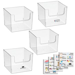 mDesign Deep Plastic Home Storage Organizer Bin - Container for Nursery, Kids Bedroom, Toy or Playroom - Open Front Design - 4 Bins + 24 Labels - Clear