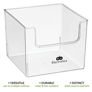 mDesign Deep Plastic Home Storage Organizer Bin - Container for Nursery, Kids Bedroom, Toy or Playroom - Open Front Design - 4 Bins + 24 Labels - Clear