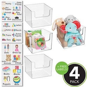 mDesign Deep Plastic Home Storage Organizer Bin - Container for Nursery, Kids Bedroom, Toy or Playroom - Open Front Design - 4 Bins + 24 Labels - Clear
