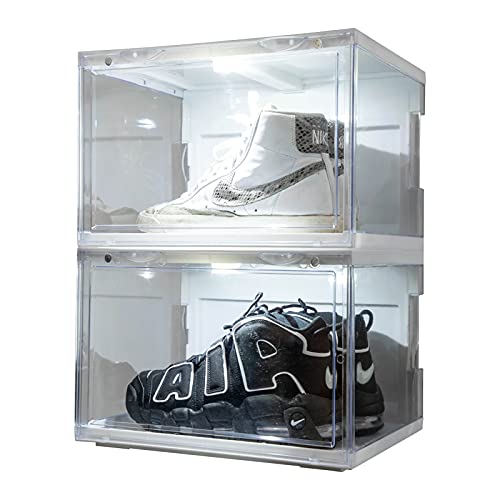 STAHMFOVER 2-Pack LED Sneakers Boxes-Voice Control,Stackable Clear Shoe Display Cases-Easy Access,Plastic Collection Storage Containers with Lids, Magnetic Open Shoe Organizer (WHITE)