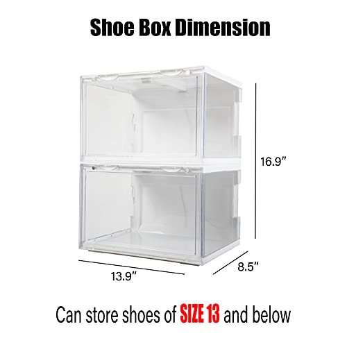 STAHMFOVER 2-Pack LED Sneakers Boxes-Voice Control,Stackable Clear Shoe Display Cases-Easy Access,Plastic Collection Storage Containers with Lids, Magnetic Open Shoe Organizer (WHITE)