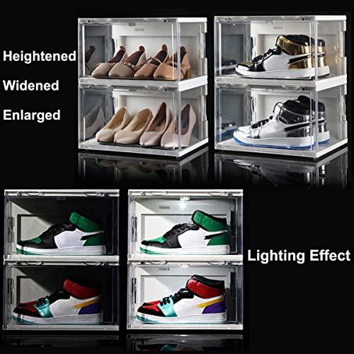 STAHMFOVER 2-Pack LED Sneakers Boxes-Voice Control,Stackable Clear Shoe Display Cases-Easy Access,Plastic Collection Storage Containers with Lids, Magnetic Open Shoe Organizer (WHITE)