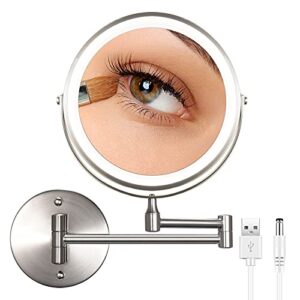 wall mounted lighted makeup mirror 8 inch 1x 10x magnification with 3 color led lights, rechargeable dimmable magnifying vanity mirror, extendable arm 360° swivel bathroom mirror, brushed nickel