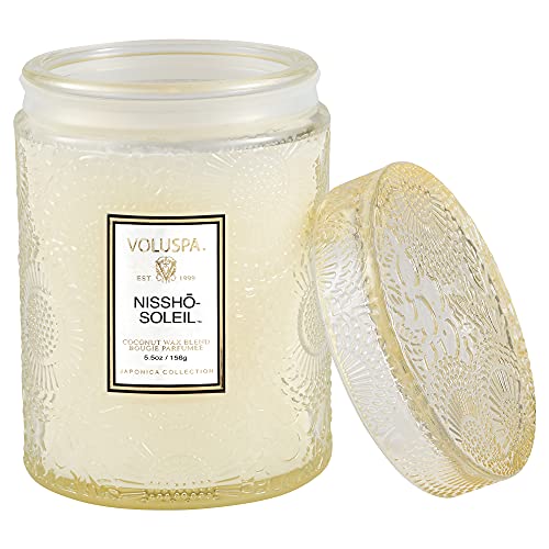 Voluspa Nissho Soleil Candle | Small Glass Jar with Matching Glass Lid | 5.5 Oz | All Natural Wicks and Coconut Wax for Clean Burning | Vegan