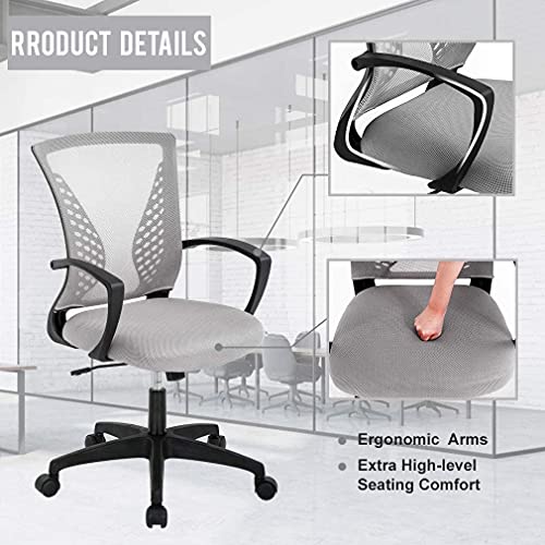 Ergonomic Adjustable Office Chair Desk Chair Mesh Computer Chair Swivel Mesh Chair Mid Back with Lumbar Support&Armrests,Executive Task Chair Rolling Swivel Chair for Work Gaming Home(Grey)