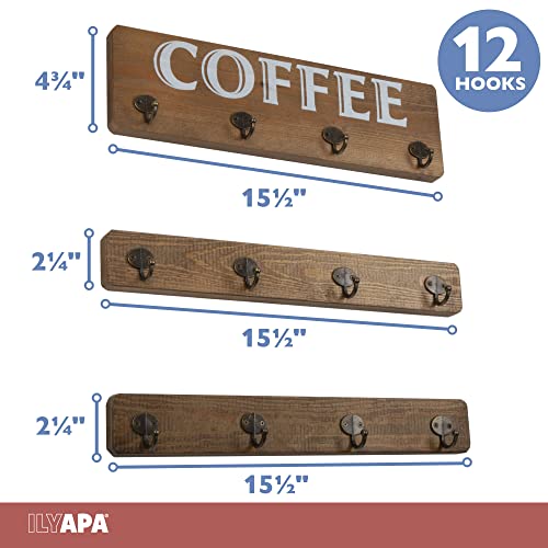 Ilyapa Rustic Wooden Coffee Mug Rack, Wall Mounted Mug Holder for Cups - 12 Hook Brown Wooden Display Rack for Kitchen Storage and Mug Collection