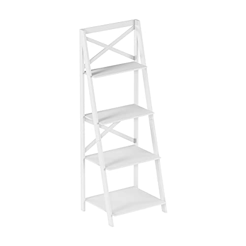 Lavish Home 4-Tier Ladder Bookshelf – Freestanding Wooden Bookcase – X-Back Frame and Leaning Look Decorative Shelves for Home and Office (White) Set of 1