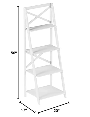 Lavish Home 4-Tier Ladder Bookshelf – Freestanding Wooden Bookcase – X-Back Frame and Leaning Look Decorative Shelves for Home and Office (White) Set of 1