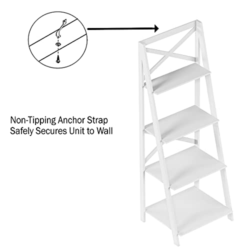 Lavish Home 4-Tier Ladder Bookshelf – Freestanding Wooden Bookcase – X-Back Frame and Leaning Look Decorative Shelves for Home and Office (White) Set of 1