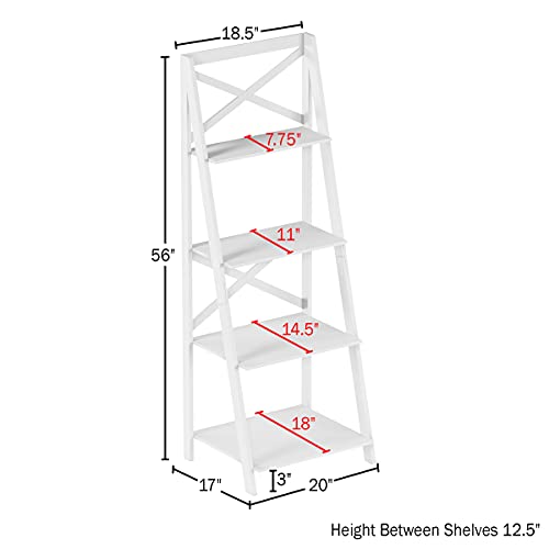 Lavish Home 4-Tier Ladder Bookshelf – Freestanding Wooden Bookcase – X-Back Frame and Leaning Look Decorative Shelves for Home and Office (White) Set of 1