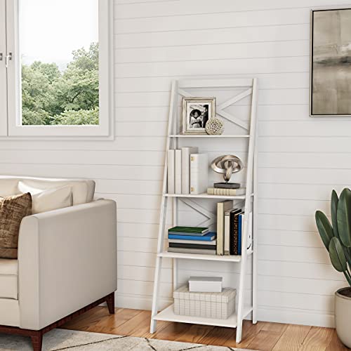 Lavish Home 4-Tier Ladder Bookshelf – Freestanding Wooden Bookcase – X-Back Frame and Leaning Look Decorative Shelves for Home and Office (White) Set of 1