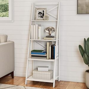 Lavish Home 4-Tier Ladder Bookshelf – Freestanding Wooden Bookcase – X-Back Frame and Leaning Look Decorative Shelves for Home and Office (White) Set of 1