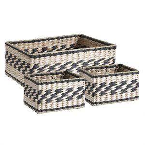 water hyacinth and paper handwoven rectangle basket (assorted set of 3, 1 medium 13.8"x9.4"x5.1", 2 small 7.5"x5.9"x4.5", beige and black)