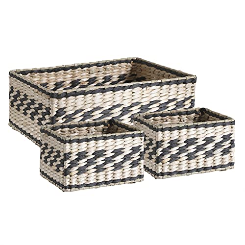 Water Hyacinth and Paper Handwoven Rectangle Basket (Assorted Set of 3, 1 Medium 13.8"x9.4"x5.1", 2 Small 7.5"x5.9"x4.5", Beige and Black)