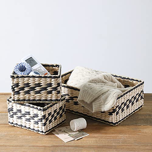 Water Hyacinth and Paper Handwoven Rectangle Basket (Assorted Set of 3, 1 Medium 13.8"x9.4"x5.1", 2 Small 7.5"x5.9"x4.5", Beige and Black)