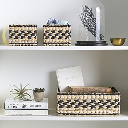 Water Hyacinth and Paper Handwoven Rectangle Basket (Assorted Set of 3, 1 Medium 13.8"x9.4"x5.1", 2 Small 7.5"x5.9"x4.5", Beige and Black)