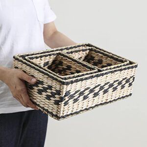 Water Hyacinth and Paper Handwoven Rectangle Basket (Assorted Set of 3, 1 Medium 13.8"x9.4"x5.1", 2 Small 7.5"x5.9"x4.5", Beige and Black)
