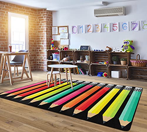 Flagship Carpets Schoolgirl Style Stylish Black & White Brights Pencil Classroom Area Rug for Indoor Classroom Learning or Kid Bedroom Educational Play Mat, 7'6" x 12', Multi