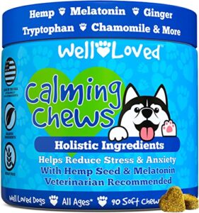 well loved calming chews for dogs - dog calming treats, made in usa, vet developed, dog anxiety relief, separation, fireworks, travel & stress support, melatonin, natural & holistic, 90 calming treats