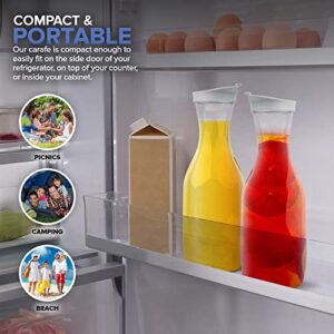 Plastic Juice Carafe with Lids (Set of 4) 50 oz Carafes for Mimosa Bar, Drink Pitcher with Lid, Water Bottle, Milk Container, Clear Beverage Containers for Fridge, Pantry Storage, Round Pitchers