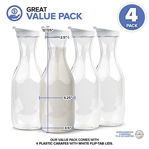 Plastic Juice Carafe with Lids (Set of 4) 50 oz Carafes for Mimosa Bar, Drink Pitcher with Lid, Water Bottle, Milk Container, Clear Beverage Containers for Fridge, Pantry Storage, Round Pitchers
