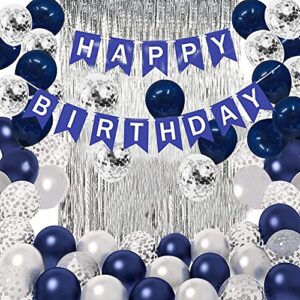 blue birthday party decorations,happy birthday supplies, happy birthday banner, blue white silver confetti latex balloons with 2 foil fringe curtains birthday decorations for men women boys girls