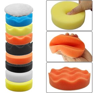 Jaronx 27PCS Car Polishing Pad Kit, 10pcs 4" and 10pcs 3" Car Foam Buffing Pads, Car Polisher Kit Car Drill Polishing Kit with Car Detailing Drill Brushes, Car Washing Mitt, Car Cleaning Towel