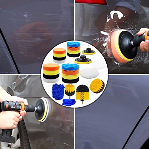 Jaronx 27PCS Car Polishing Pad Kit, 10pcs 4" and 10pcs 3" Car Foam Buffing Pads, Car Polisher Kit Car Drill Polishing Kit with Car Detailing Drill Brushes, Car Washing Mitt, Car Cleaning Towel