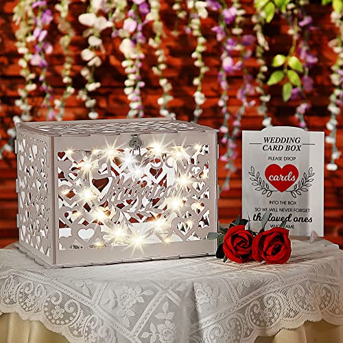 Wedding Card Box, Rustic Wooden Wedding Card Holder with 8 Modes String Light and Lace Table Mat, DIY Envelop Gift Money Card Container with Lock for Reception Decoration, Just Married (White)