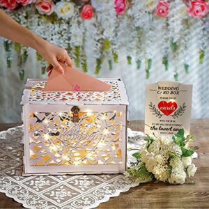 Wedding Card Box, Rustic Wooden Wedding Card Holder with 8 Modes String Light and Lace Table Mat, DIY Envelop Gift Money Card Container with Lock for Reception Decoration, Just Married (White)