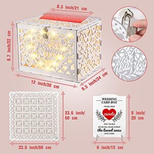 Wedding Card Box, Rustic Wooden Wedding Card Holder with 8 Modes String Light and Lace Table Mat, DIY Envelop Gift Money Card Container with Lock for Reception Decoration, Just Married (White)