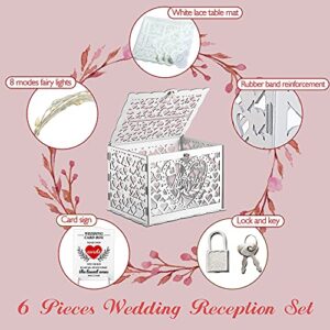 Wedding Card Box, Rustic Wooden Wedding Card Holder with 8 Modes String Light and Lace Table Mat, DIY Envelop Gift Money Card Container with Lock for Reception Decoration, Just Married (White)