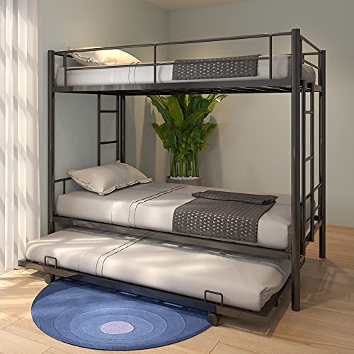 Olela Twin Over Twin Metal Bunk Beds with Trundle,2 Ladders for Boys Girls Adults,Convertible Bunk Beds for Kids Teens (Black)