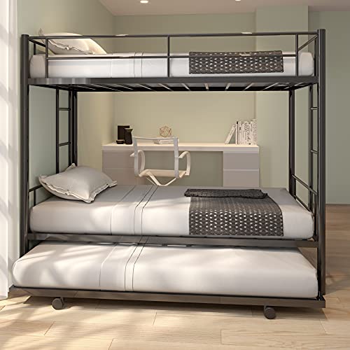 Olela Twin Over Twin Metal Bunk Beds with Trundle,2 Ladders for Boys Girls Adults,Convertible Bunk Beds for Kids Teens (Black)