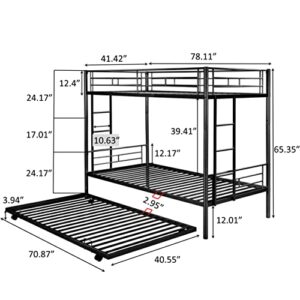 Olela Twin Over Twin Metal Bunk Beds with Trundle,2 Ladders for Boys Girls Adults,Convertible Bunk Beds for Kids Teens (Black)