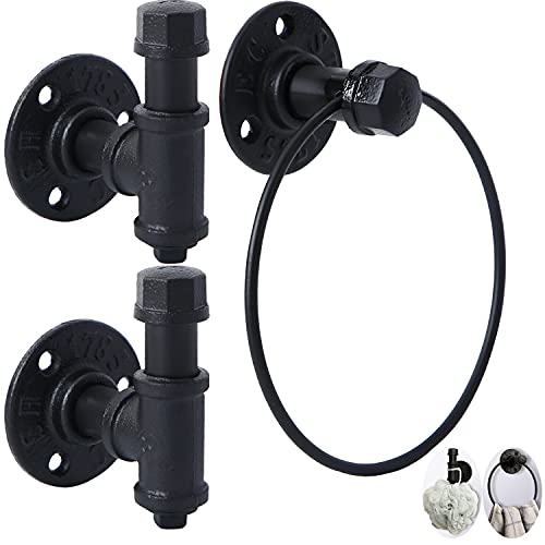 3-Pack Industrial Pipe Bathroom Hardware Accessories Set, Include 2 Robe Coat Towel Hook and 1 Towel Ring for Hanging. 1/2" inch Threaded Heavy Duty Wall Mounted Rustic Decor Accessories Kit (Black)