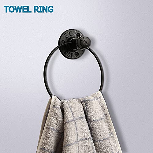 3-Pack Industrial Pipe Bathroom Hardware Accessories Set, Include 2 Robe Coat Towel Hook and 1 Towel Ring for Hanging. 1/2" inch Threaded Heavy Duty Wall Mounted Rustic Decor Accessories Kit (Black)