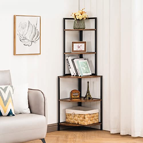 Apicizon 5 Tier Corner Shelf, Industrial Corner Bookshelf with Metal Frame, Rustic Corner Storage Rack Shelves Display Plant Flower, Stand Bookcase for Home Office, Small Place, Kitchen, Rustic Brown