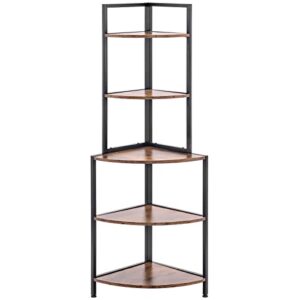 Apicizon 5 Tier Corner Shelf, Industrial Corner Bookshelf with Metal Frame, Rustic Corner Storage Rack Shelves Display Plant Flower, Stand Bookcase for Home Office, Small Place, Kitchen, Rustic Brown