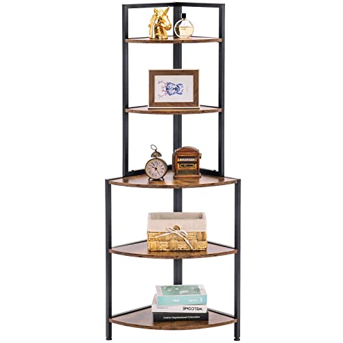 Apicizon 5 Tier Corner Shelf, Industrial Corner Bookshelf with Metal Frame, Rustic Corner Storage Rack Shelves Display Plant Flower, Stand Bookcase for Home Office, Small Place, Kitchen, Rustic Brown