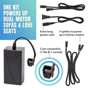 Dual Motor Power Supply Kit - Universally Compatible Power Supply for Electric Reclining Furniture - with Y Splitter Extension Cord & 2-Pin Connector - 29V 2A Adapter for Loveseats, Chairs and Sofas