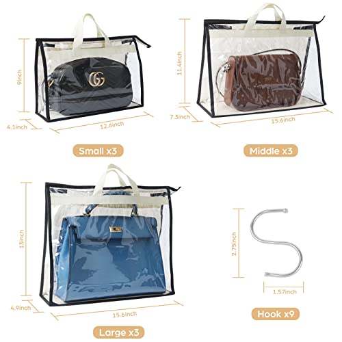 Interesse 9 Pack Dust Bags for Handbags, Clear Handbag Storage, Purse Storage Organizer for Closet, Purse Cover Hanging Closet Organizer with Zipper, Handles and Purse Hook
