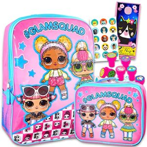 lol doll backpack with lunch box for girls - 5 pc bundle with 16 inch lol dolls school bag, lunch bag, animal stickers, and more for lol school supplies (lol dolls activity set)