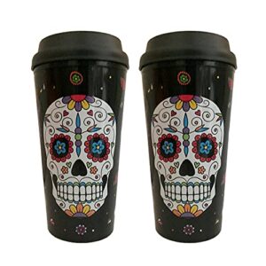 farmhouse treasures day of the dead, sugar skull double walled travel cups, set of 2