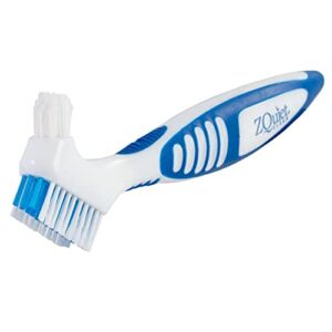 zquiet clean denture brush for dental devices (mouth guard, retainer, mouthpiece, false teeth), multi-layered bristles, no-slip ergonomic handle dental appliance cleaning brush tooth brush, white/blue