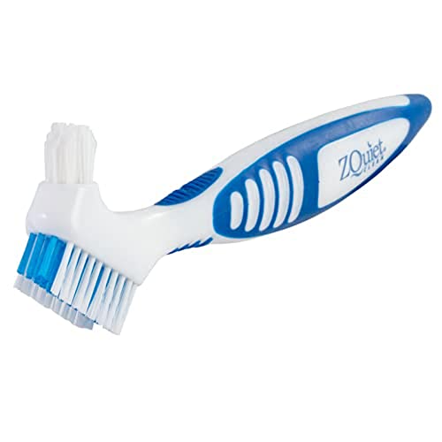 ZQuiet Clean Denture Brush for Dental Devices (Mouth Guard, Retainer, Mouthpiece, False Teeth), Multi-Layered Bristles, No-Slip Ergonomic Handle Dental Appliance Cleaning Brush Tooth Brush, White/Blue